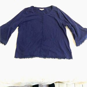 Style & Co PXL Dark Blue Boho Crochet Trim Bell Sleeve Cotton Blouse